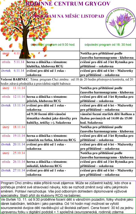 PROGRAM RCG NA MĚSÍC LISTOPAD